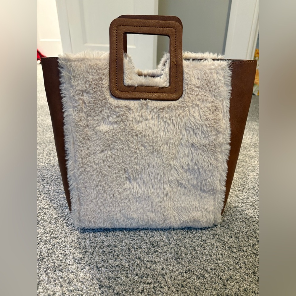 Faux Fur and Leather Tote Bag - Brown and Cream